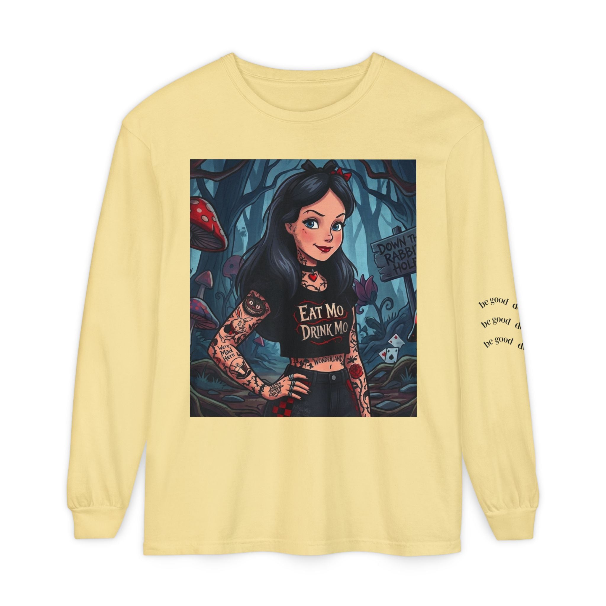 Gothic Alice Long Sleeve Tee — "Eat Me, Drink Me" Tattooed Fairycore Shirt