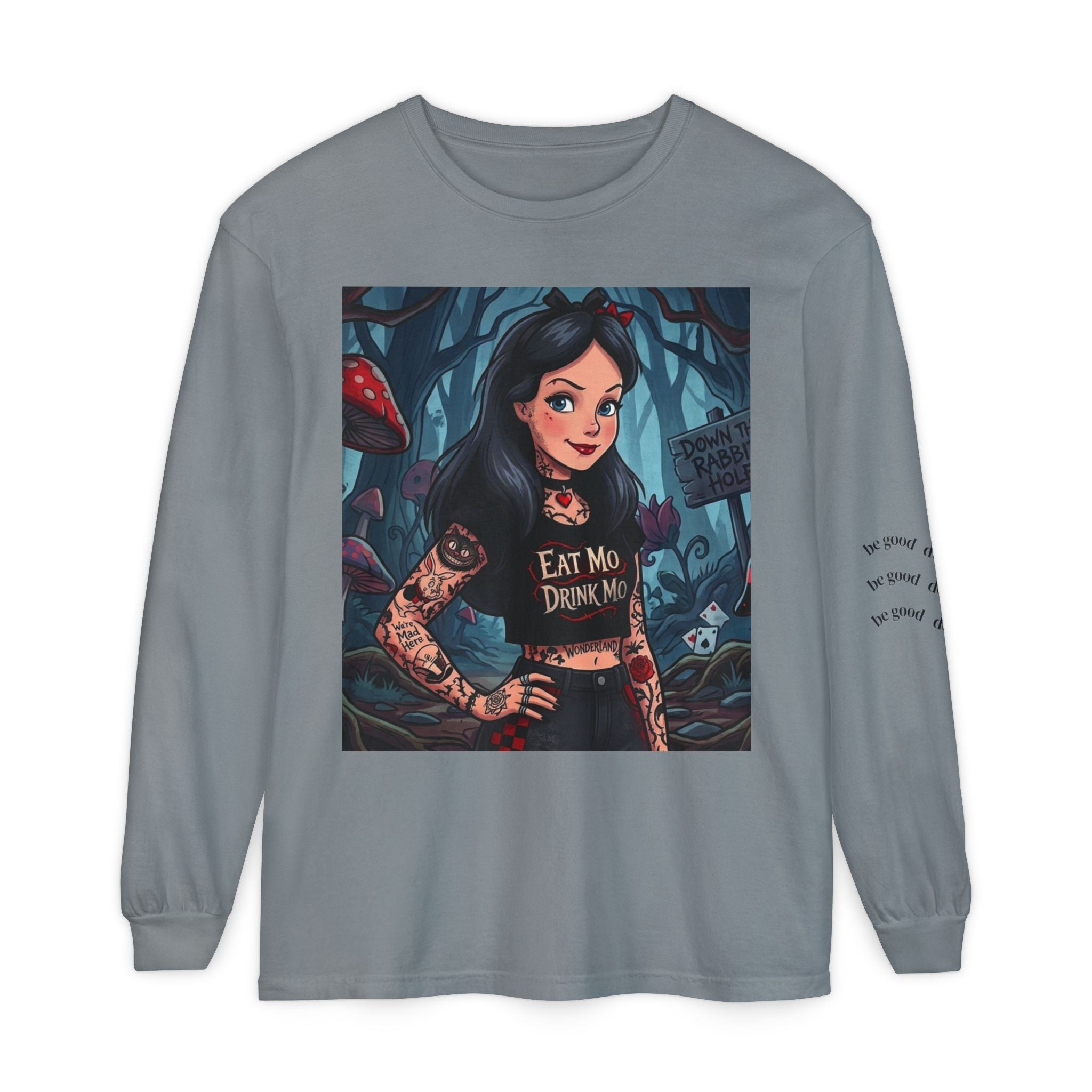 Gothic Alice Long Sleeve Tee — "Eat Me, Drink Me" Tattooed Fairycore Shirt