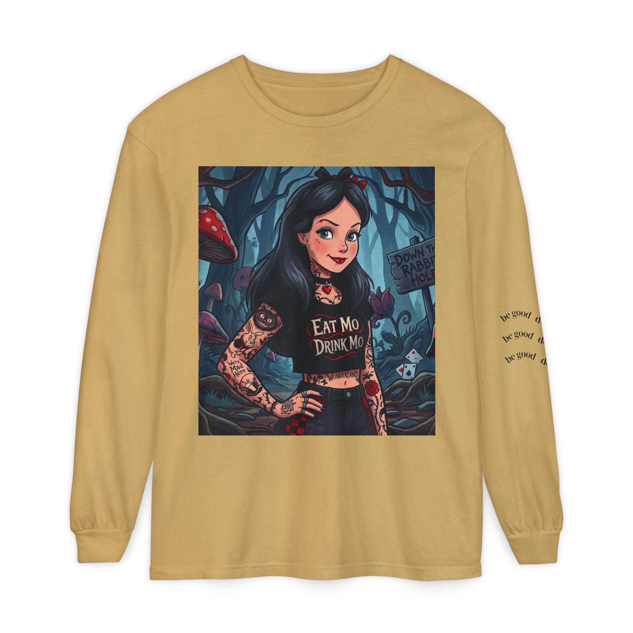 Gothic Alice Long Sleeve Tee — "Eat Me, Drink Me" Tattooed Fairycore Shirt
