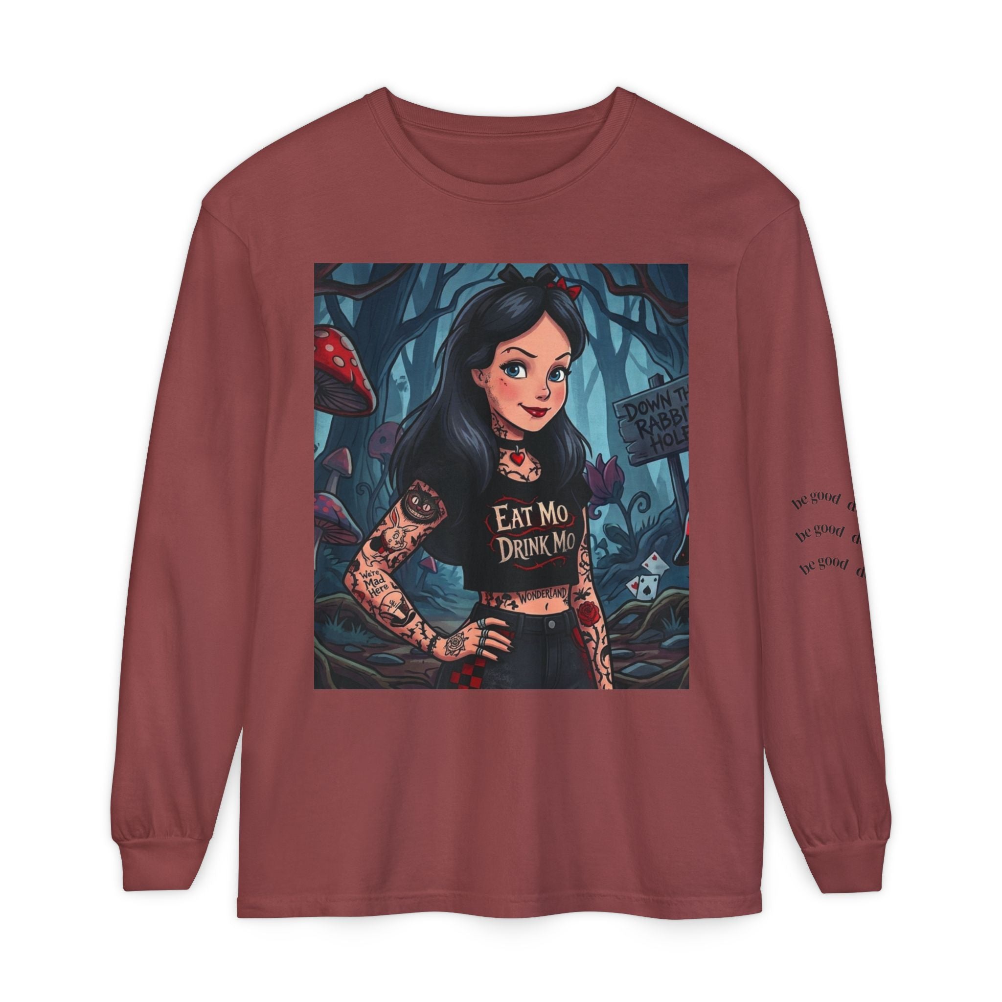 Gothic Alice Long Sleeve Tee — "Eat Me, Drink Me" Tattooed Fairycore Shirt
