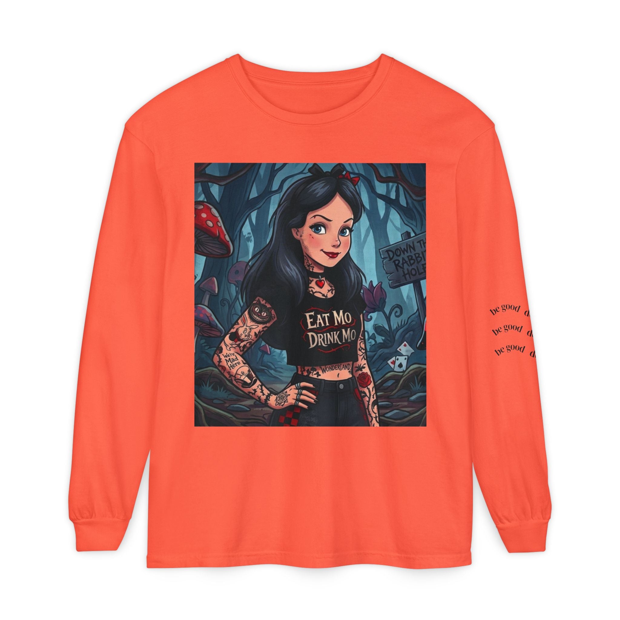Gothic Alice Long Sleeve Tee — "Eat Me, Drink Me" Tattooed Fairycore Shirt