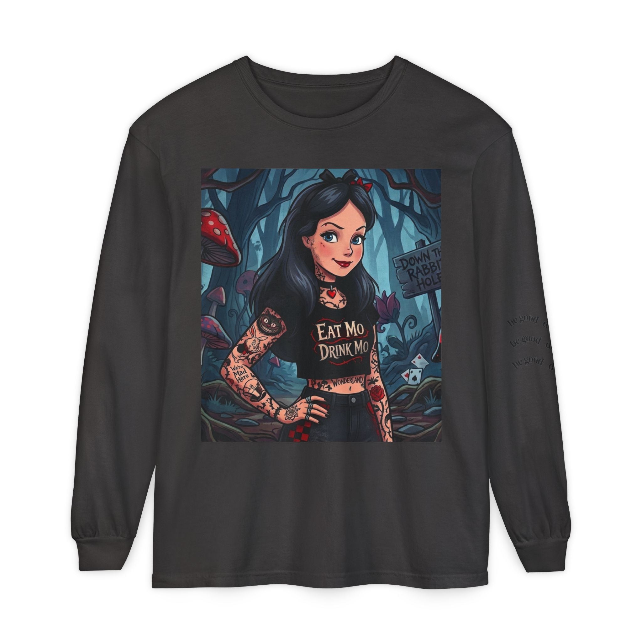 Gothic Alice Long Sleeve Tee — "Eat Me, Drink Me" Tattooed Fairycore Shirt