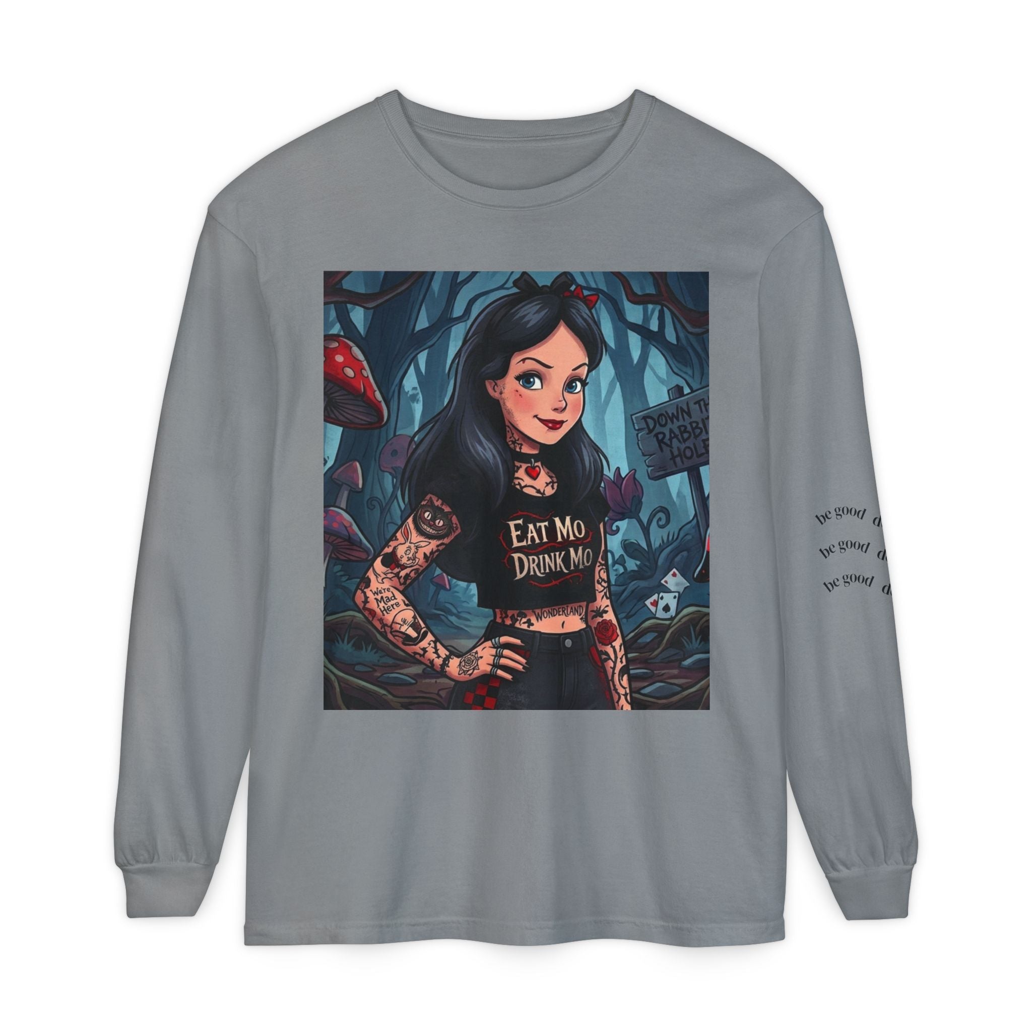 Gothic Alice Long Sleeve Tee — "Eat Me, Drink Me" Tattooed Fairycore Shirt