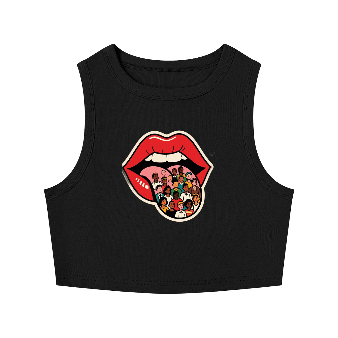 Women's Graphic Crop Tank Top – Pop Art Red Lips with Diverse Community Graphic | Sleeveless Crewneck Cropped Tee, Black