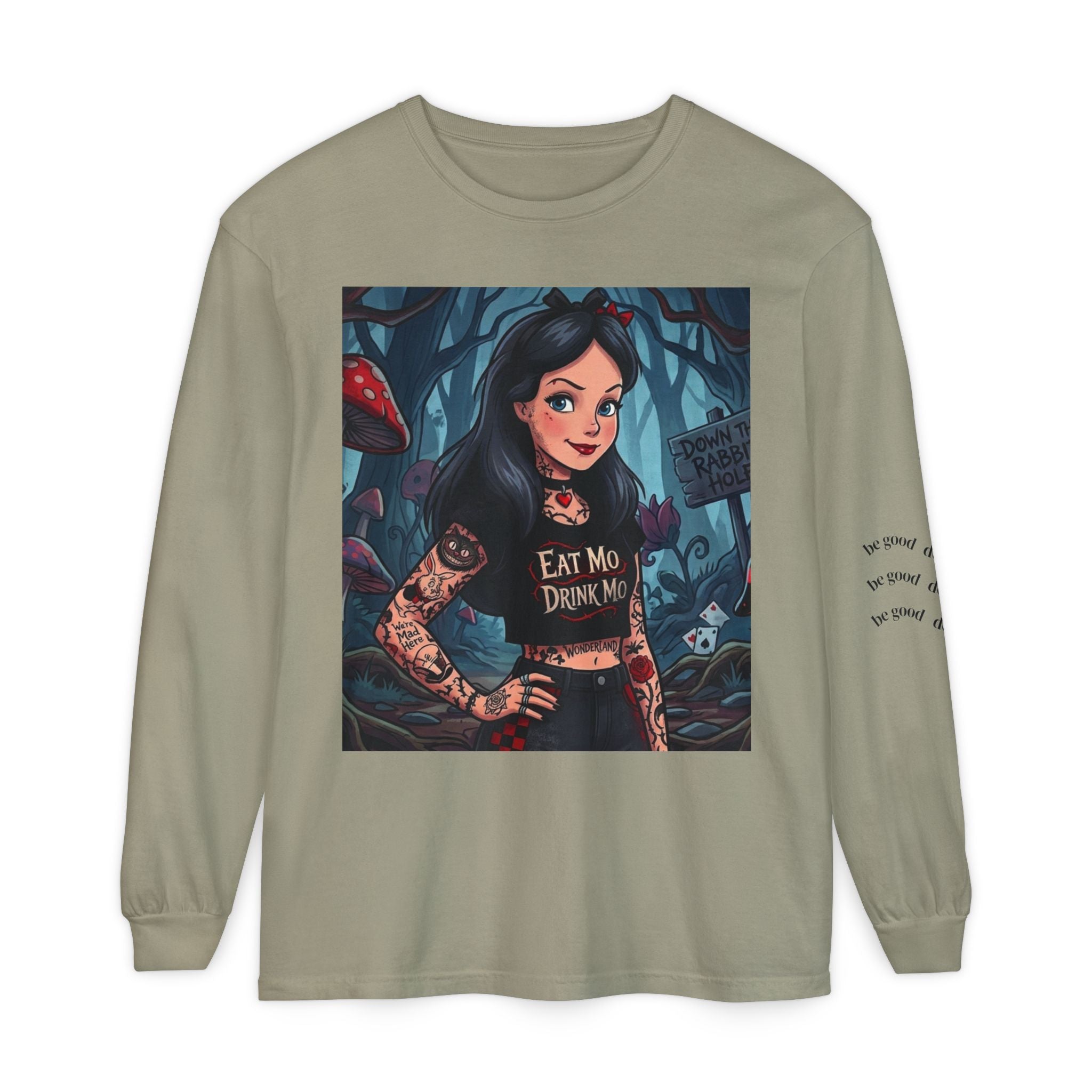 Gothic Alice Long Sleeve Tee — "Eat Me, Drink Me" Tattooed Fairycore Shirt