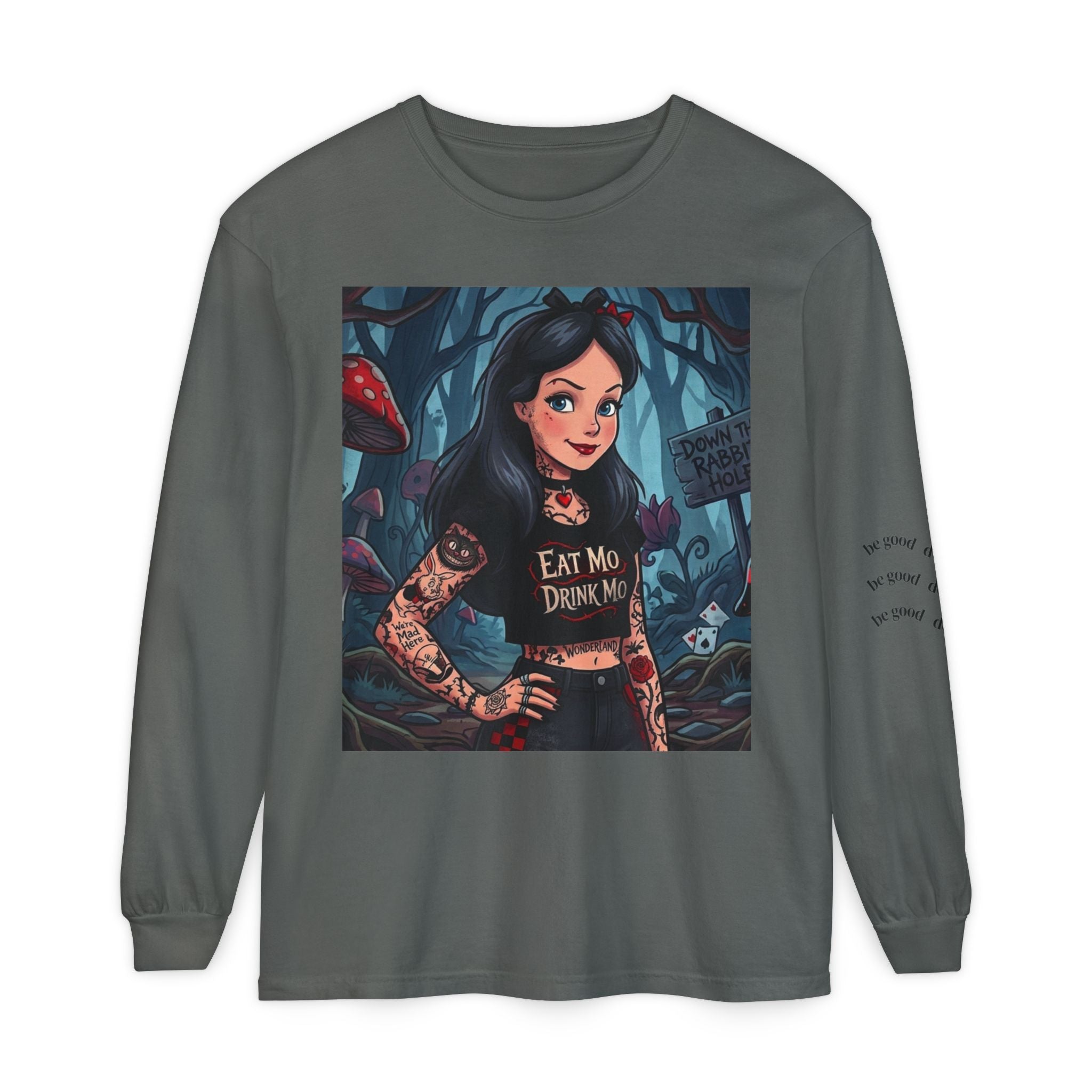 Gothic Alice Long Sleeve Tee — "Eat Me, Drink Me" Tattooed Fairycore Shirt