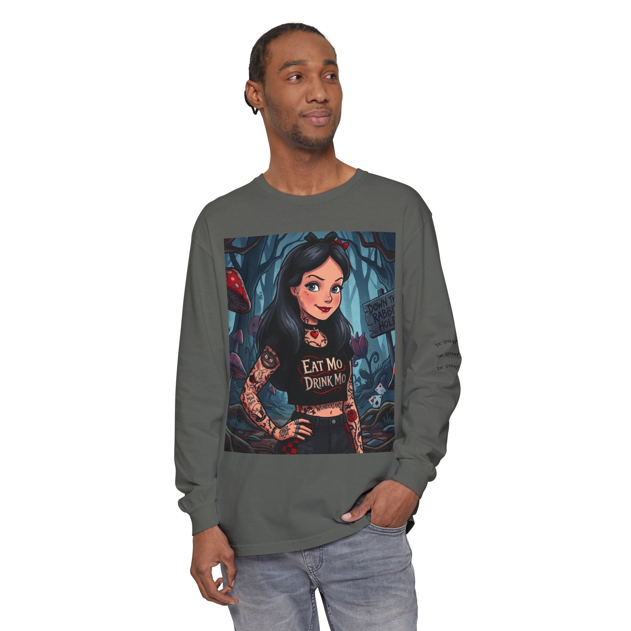 Gothic Alice Long Sleeve Tee — "Eat Me, Drink Me" Tattooed Fairycore Shirt