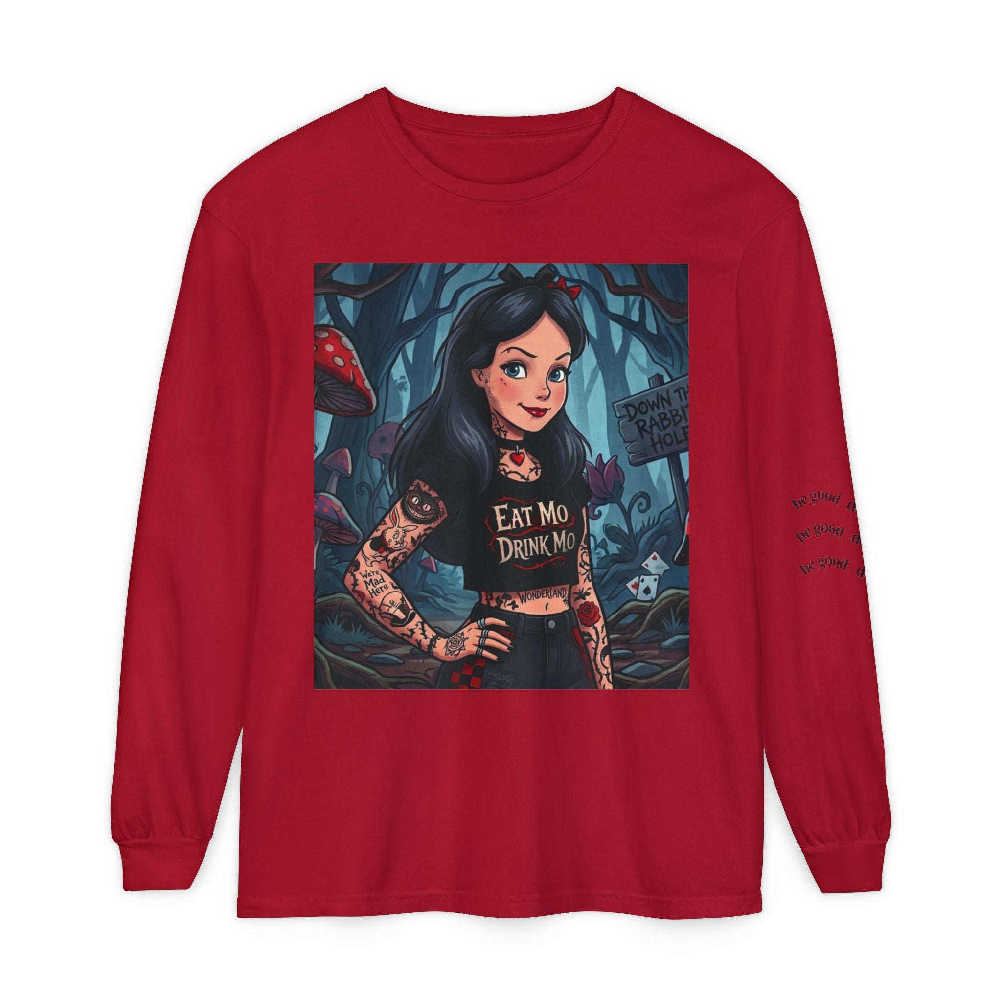 Gothic Alice Long Sleeve Tee — "Eat Me, Drink Me" Tattooed Fairycore Shirt