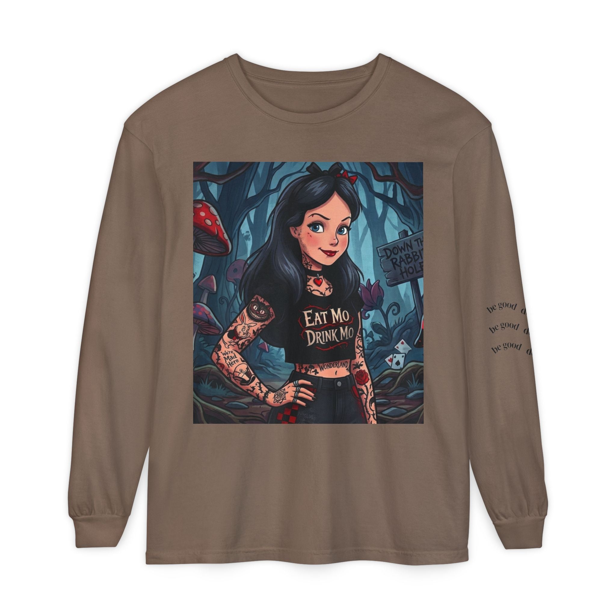 Gothic Alice Long Sleeve Tee — "Eat Me, Drink Me" Tattooed Fairycore Shirt