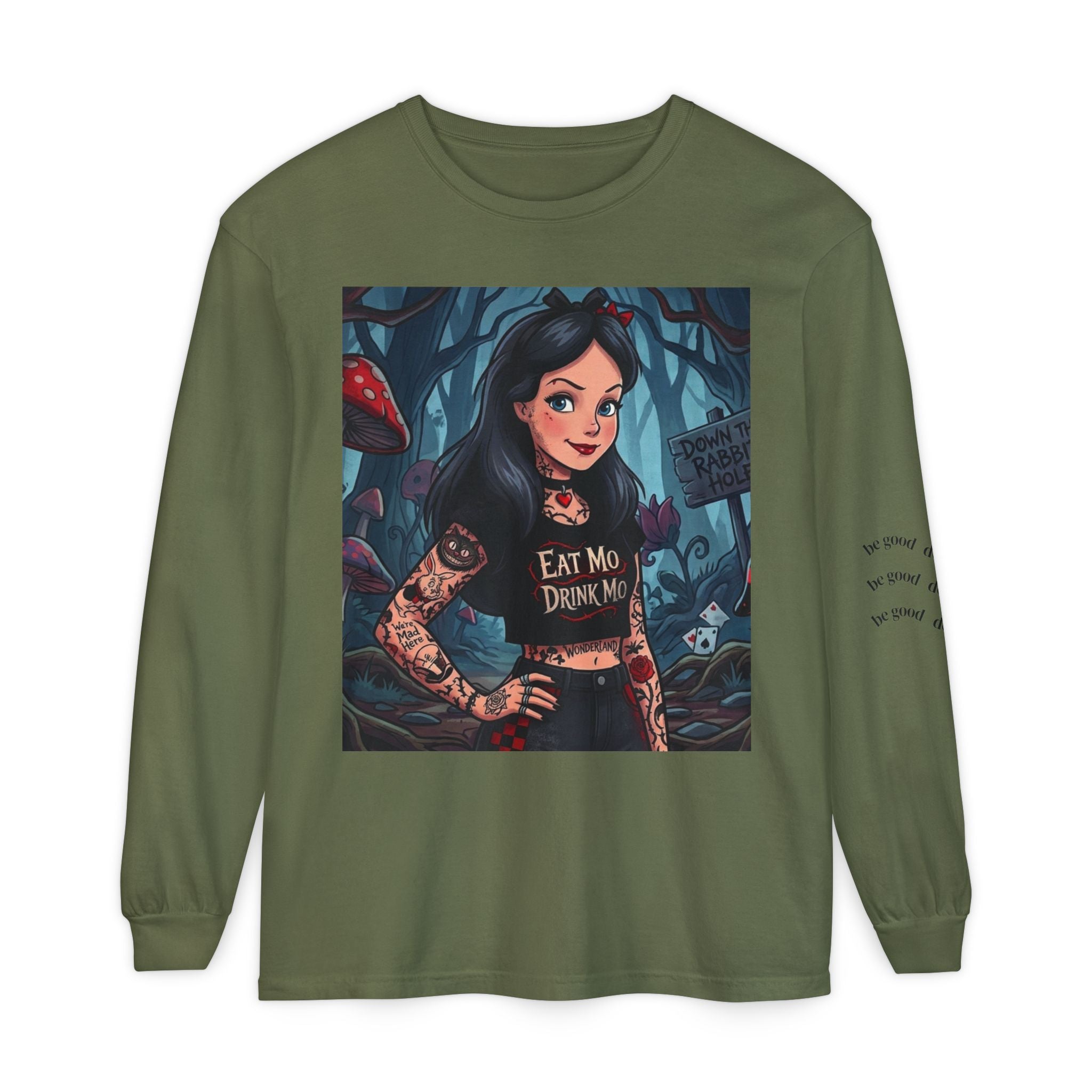 Gothic Alice Long Sleeve Tee — "Eat Me, Drink Me" Tattooed Fairycore Shirt