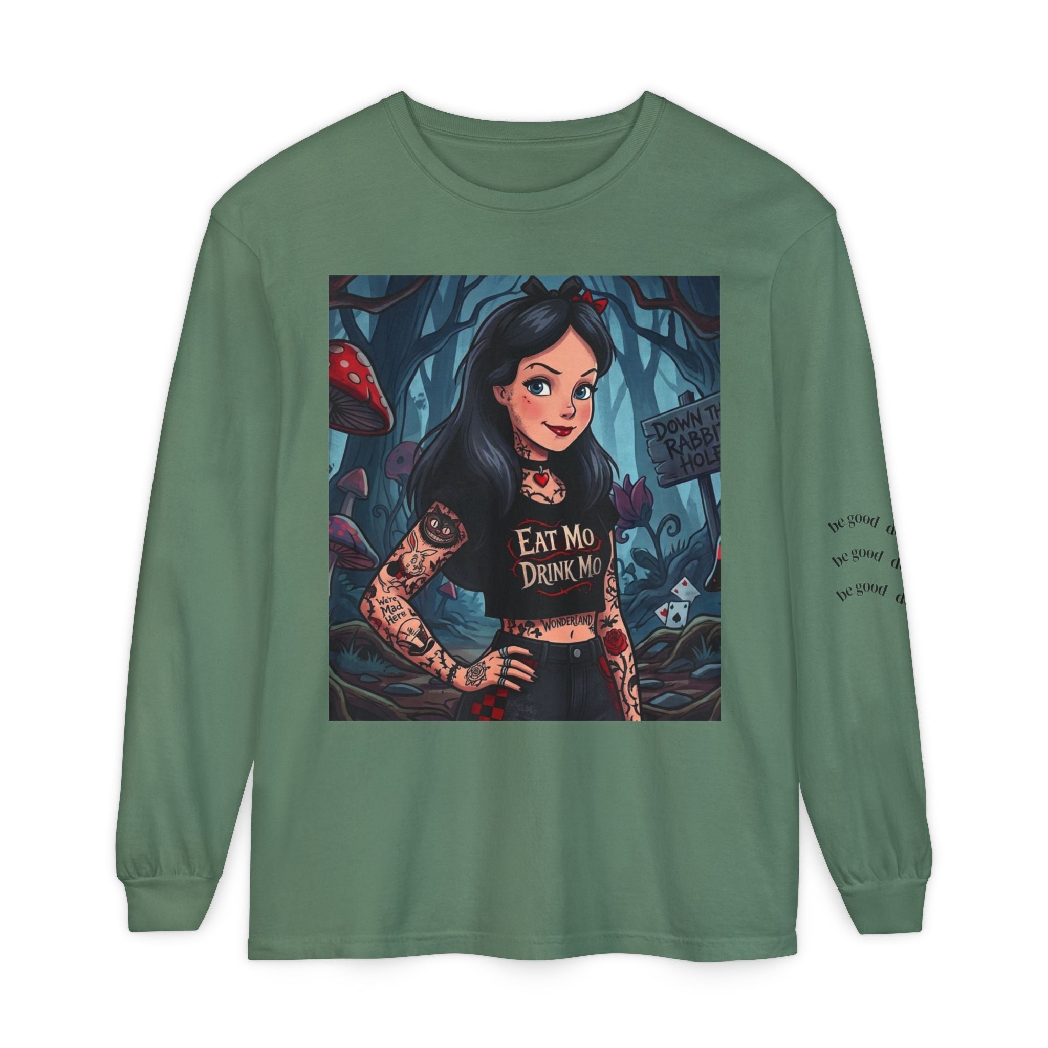 Gothic Alice Long Sleeve Tee — "Eat Me, Drink Me" Tattooed Fairycore Shirt
