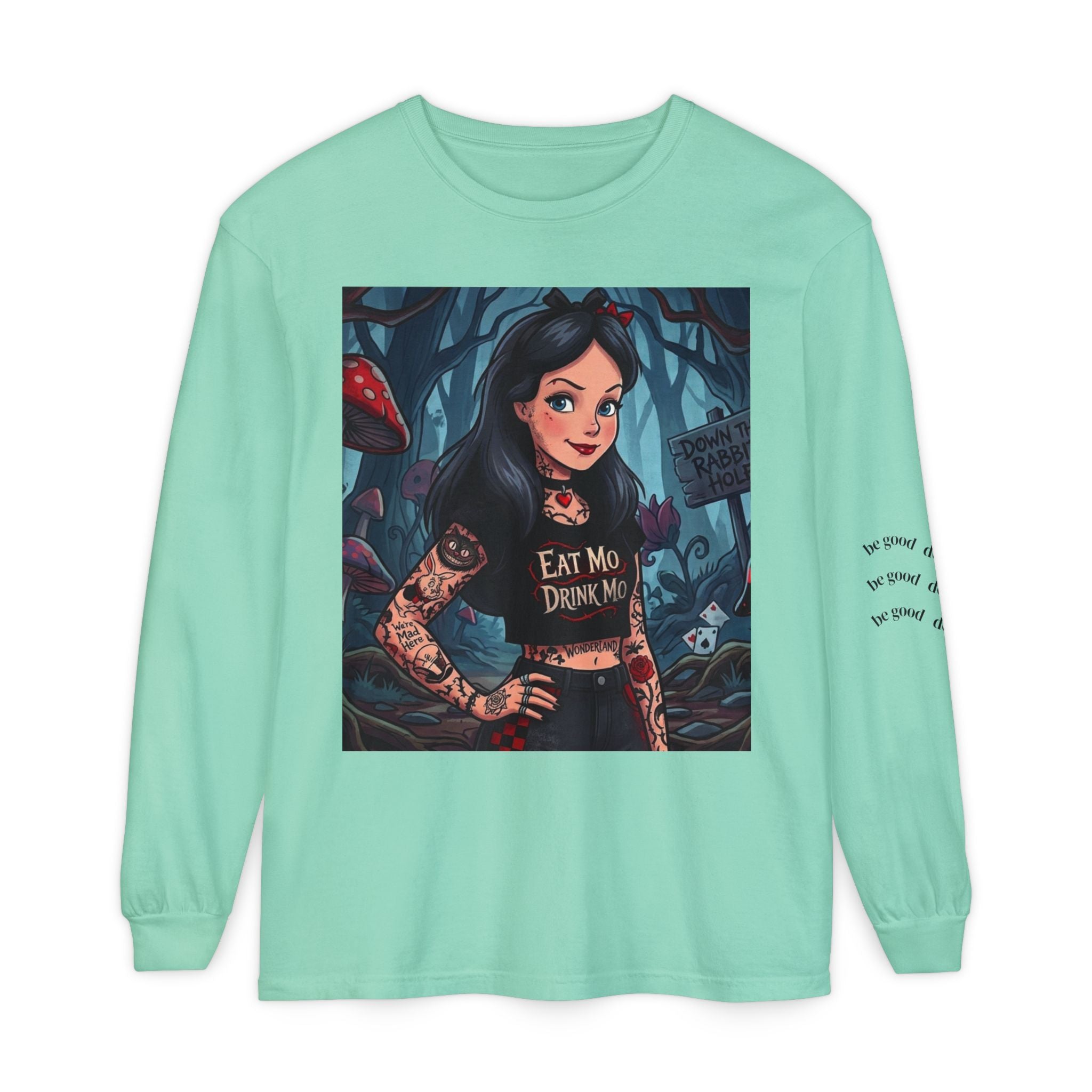 Gothic Alice Long Sleeve Tee — "Eat Me, Drink Me" Tattooed Fairycore Shirt