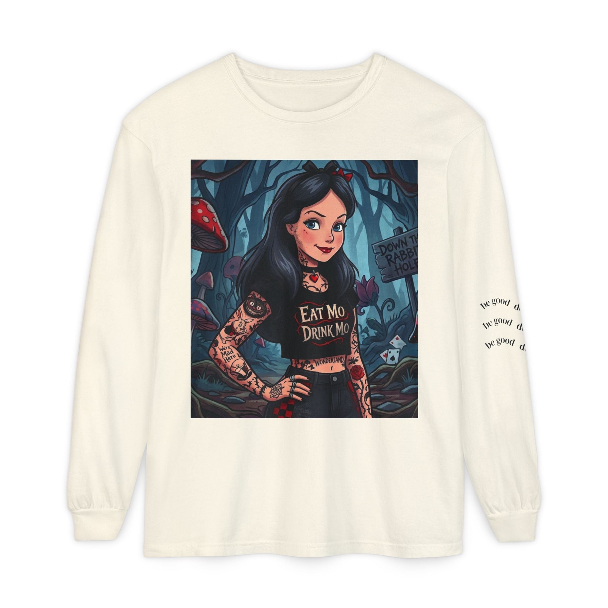 Gothic Alice Long Sleeve Tee — "Eat Me, Drink Me" Tattooed Fairycore Shirt