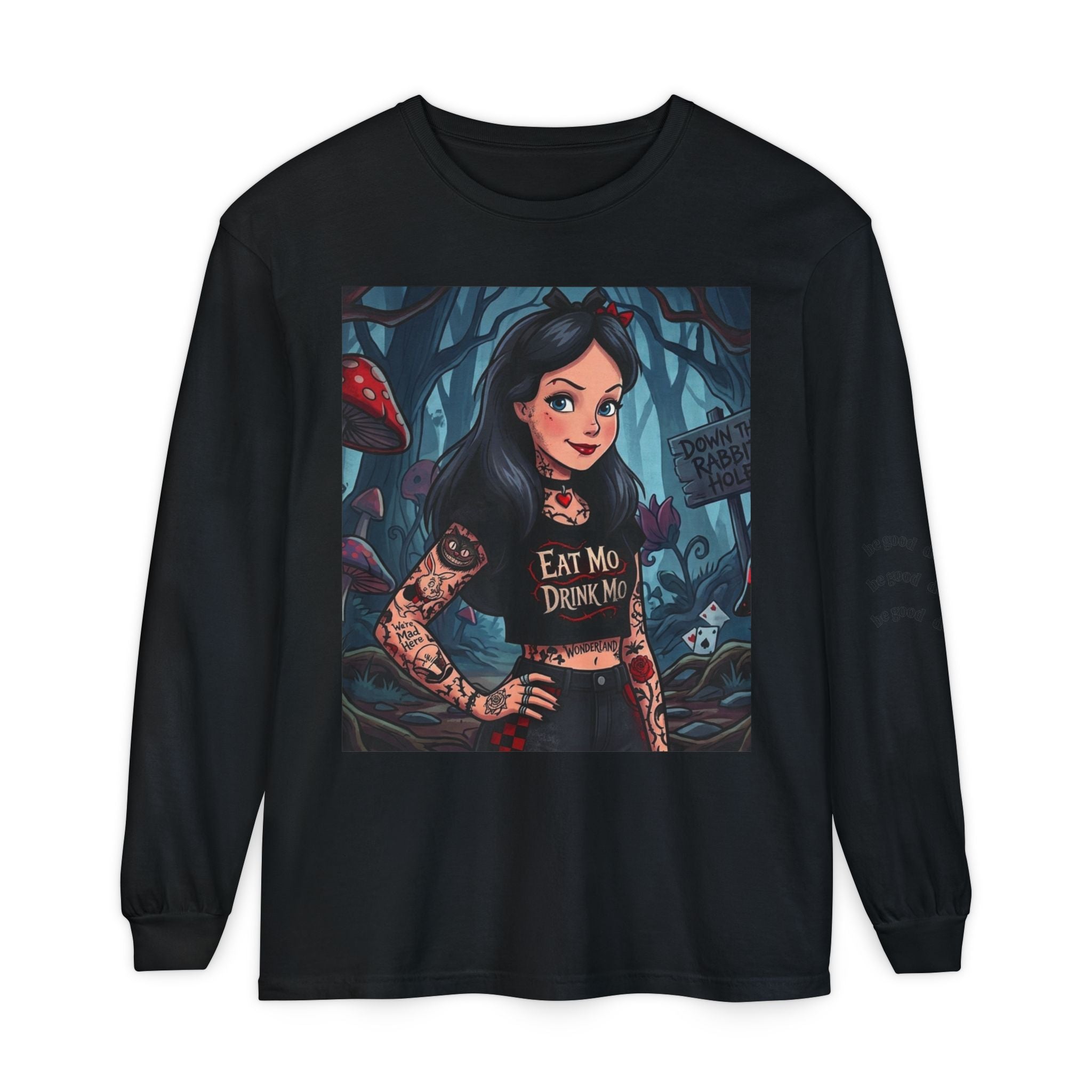 Gothic Alice Long Sleeve Tee — "Eat Me, Drink Me" Tattooed Fairycore Shirt