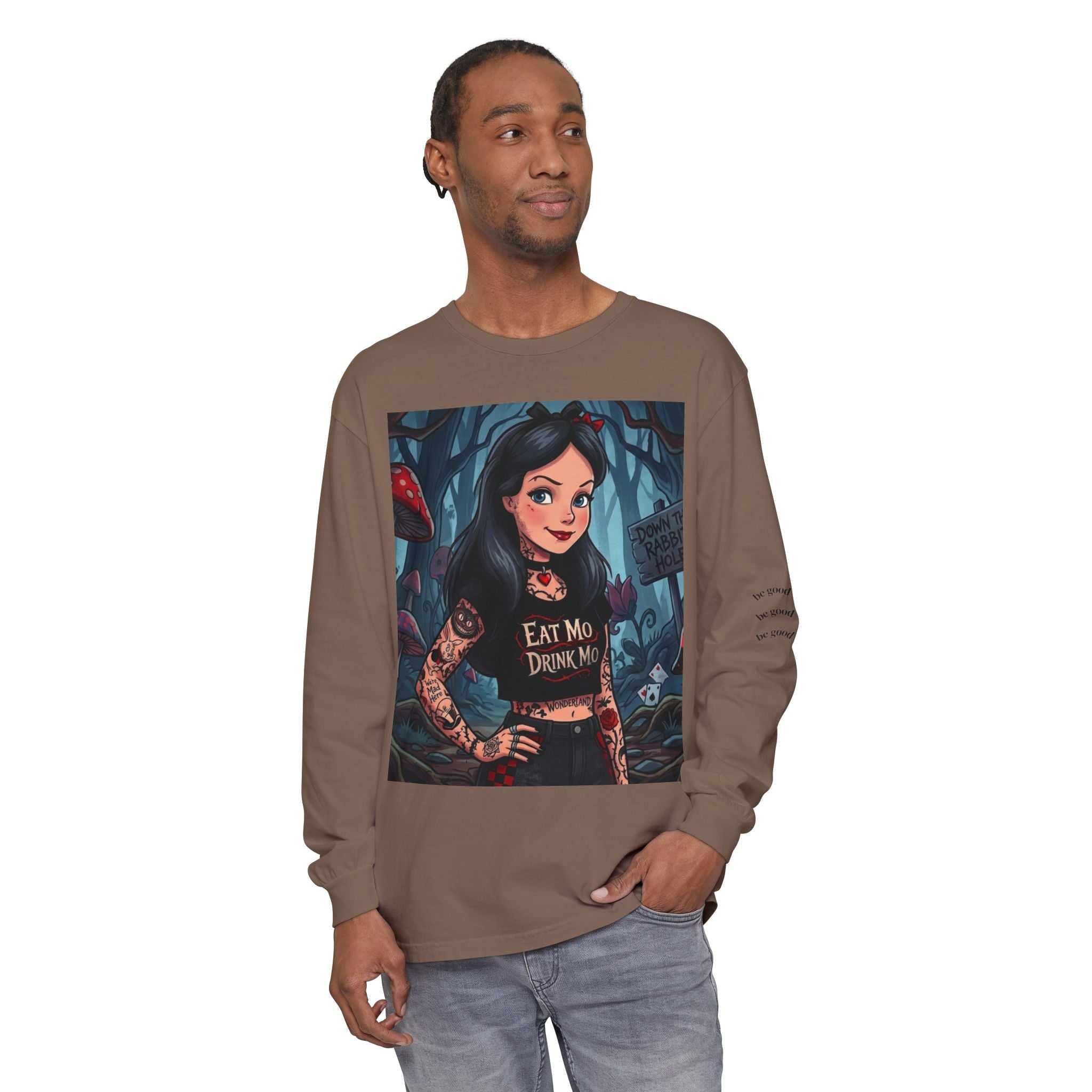 Gothic Alice Long Sleeve Tee — "Eat Me, Drink Me" Tattooed Fairycore Shirt