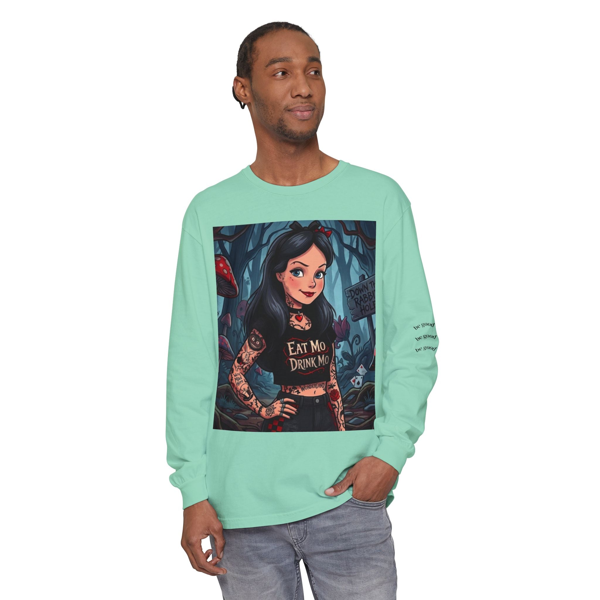 Gothic Alice Long Sleeve Tee — "Eat Me, Drink Me" Tattooed Fairycore Shirt