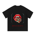 Unisex Graphic Crewneck T-Shirt – Pop Art Red Lips with Diverse Community Graphic, Loose Fit Casual Black Tee | "Amberly La gee gee boo"