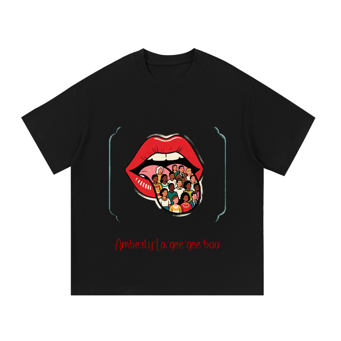 Unisex Graphic Crewneck T-Shirt – Pop Art Red Lips with Diverse Community Graphic, Loose Fit Casual Black Tee | "Amberly La gee gee boo"