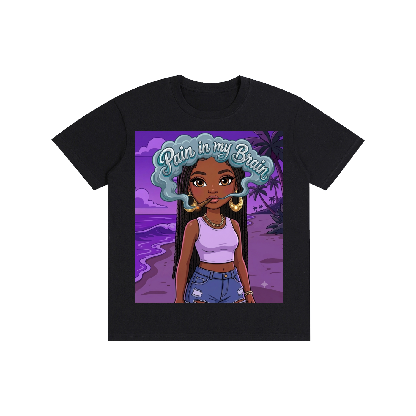 Women's Graphic T-Shirt – "Pain in my Brain" Cartoon Streetwear Tee – Melanin Vibe Purple Beach Aesthetic Short Sleeve Crewneck