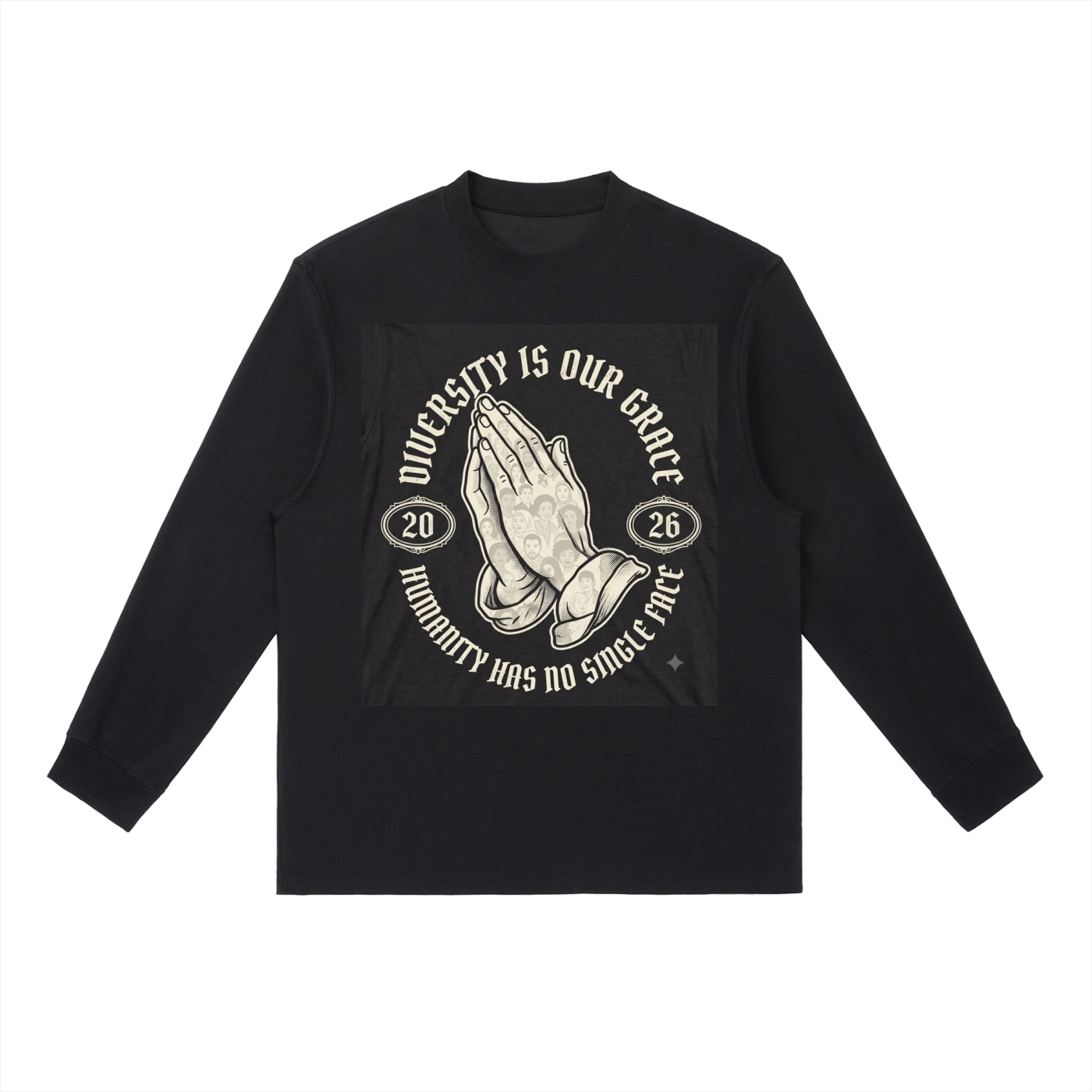 Unisex "Diversity Is Our Grace" Long Sleeve Graphic Tee – 2026 Streetwear Praying Hands Crewneck