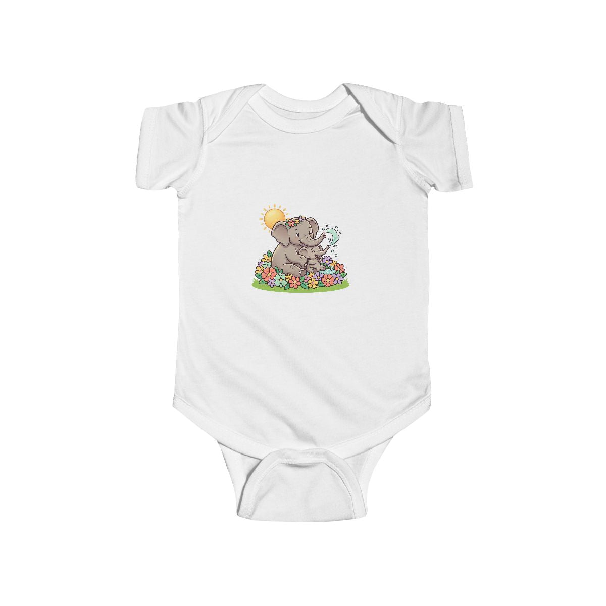 Baby Elephant Floral Bodysuit – Cute Infant Onesie with Sun &amp; Flowers